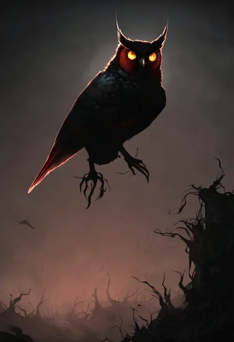 Stiletto, gigantic Flying Monster Bird Silhouette in dark sky, in shadow, Monster bird that is part Demon and part Owl, scary, monstrous, cinematic, in destroyed city, smokey debris, flying above the ruined streets. 