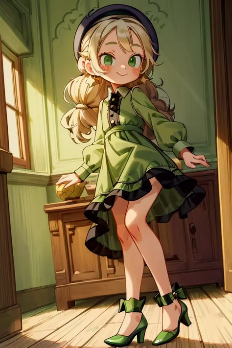 (masterpiece, best quality) 1 girl(Landscape: standing, indoor, intricate detail, sunlight) (Outfit: black and green frilly striped dress, high heels, earrings, beret) (Body: white blonde long hair, green eyes, teen gorgeous body, gorgeous legs, lovely) (E...