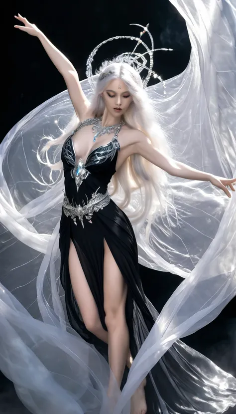 large breasts,(bejeweled),flying pose,((white long hair)) ,silver details,(see through fabric),( black dress), goddess,powerful sorceress,dragon wings,