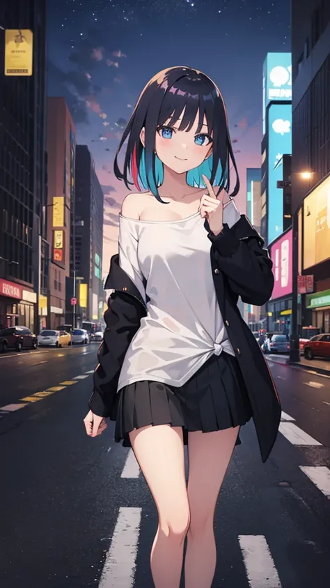 1girl, black_skirt, blue_hair, building, city, cityscape, hair_between_eyes, jacket, looking_at_viewer, medium_hair, multicolored_hair, multiple_boys, night, off_shoulder, outdoors, pleated_skirt, road, shirt, skirt, skyscraper, smile, solo_focus, street, ...