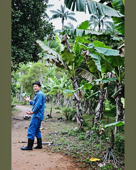 Eastern man,  farmer walking on the banana plantation, showing and explaining the management . Disney Pixar style.