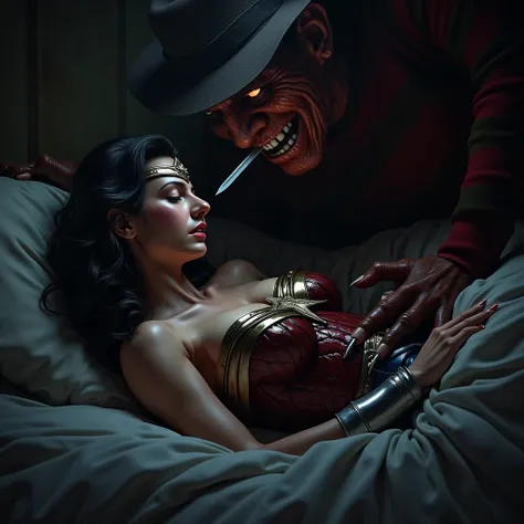  Wonder Woman sleeping in bed . She has a nightmare .  On her side lying de grandes senos down and passing her knife over Wonder Womans breast is Freddy Krueger