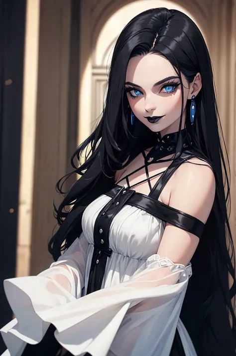 A gothic woman, 28 years old,  black hair , ((( Blue Eyes))), (((black lips))), white pele,  pretty woman, jovem de 28 years old, beautiful smile,  long hair , ((( black dress))).
