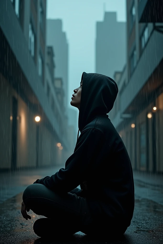 4k hd wallpaper,  a guy sitting down facing up, rain pouring, black hoodie