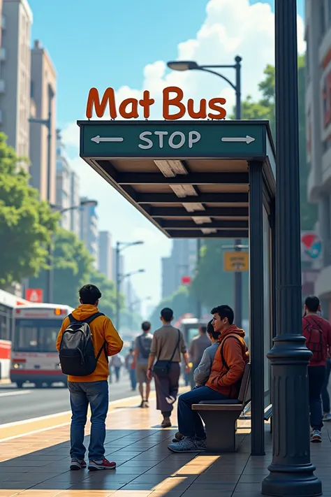 Create an image of a bus stop with the name "Matli Bus Stop" written on a board above it.