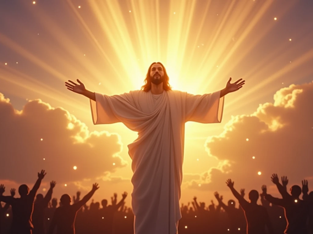 "Jesus standing majestically under a dramatic golden and purple sunset, with radiant beams of light emanating from behind Him. His arms are open in a welcoming gesture, symbolizing victory and hope. The background features a serene sky with soft clouds ill...