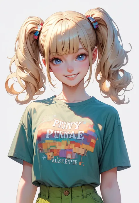 masterpiece, best quality, very aesthetic, absurdres, 1girl, penny, blonde hair, twintails, blunt bangs, blue eyes, shirt, short sleeves, green pants, standing, upper body, smile, looking at viewer, solo, simple background, white background 