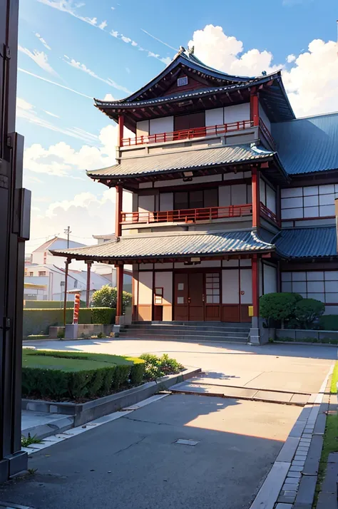 the exterior of a school building with the main building, gate and gymnasium in the distance japanese style