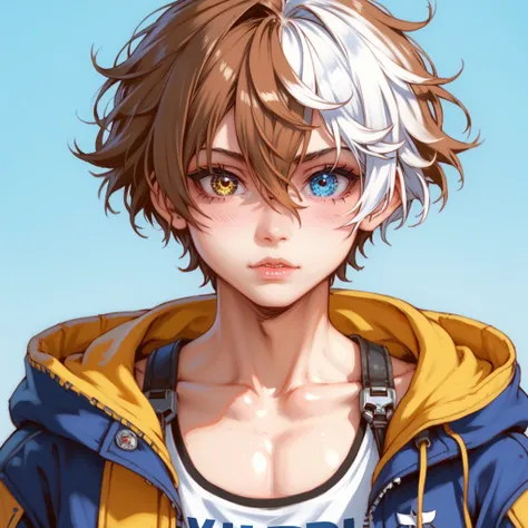 Boy ridiculous ,  high definition , Super detailed, HDR, masterpiece,   high quality ,   extremely detailed face and eyes,, short hair with bangs,   hair between eyes  , he has two different hair colors,   bicolor hair  ,   right half brown hair , left hal...