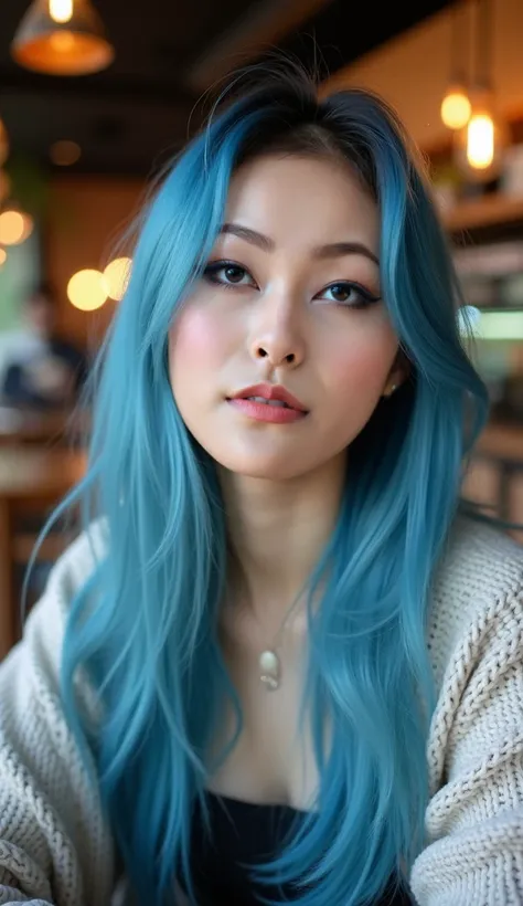 A close-up portrait of a young Asian woman with fair skin and long, straight blue hair, sitting in a cozy modern café. Her almond-shaped eyes are accentuated with black eyeliner, and she wears a septum piercing, adding a trendy and modern touch to her look...