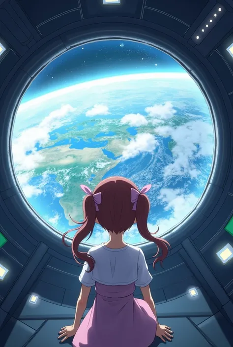 1girl, shoulder-length brown high twin tails, aqua eyes, hair tied at the both side top of head with a pink ribbon, a girl stands inside a spaceship, gazing out of a window at Earth. Her eyes are sparkling with wonder and amazement as she sees it for the f...