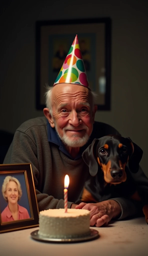 An elderly man sits WITH HIS DOG DOBERMAN at a table, wearing a colorful party hat. His eyes are filled with tears, and a pained smile suggests a mix of sadness and nostalgia. In front of him sits a small, plain birthday cake with a single candle lit, cast...