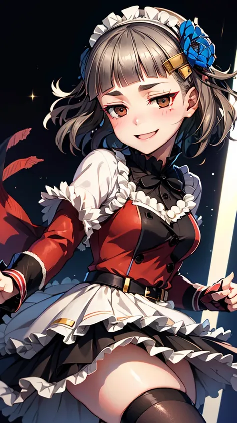 (((solo))), 1 woman, Sakuya Kurobane, sakuyaunif, kurobane_sakuya, (brown eyes), short hair, grey hair, black hairband, blue hair flower, red eyeliner, chest, blush, smile, (upper body), santa claus