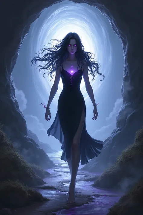 Long black-haired woman 
Skinny dark aura violet eyes 
Crossing a portal between two worlds