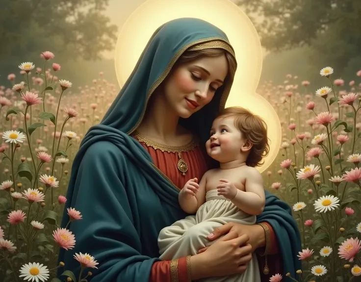  onea imagem quadrada com um fundo preenchido com flores brancas e rosas .  in front,   the Virgin Mary with her navy blue cloak   ,   tenderly embracing their baby Jesus close to her face .  Above the heads of Jesus and Mary  ,  one,  round halo of heaven...