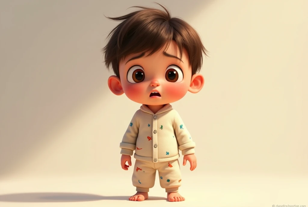 a pixar style of A detailed portrait of a young boy with short, slightly messy brown hair and large, expressive brown eyes. His round face has soft cheeks with a faint blush, a small upturned nose, and thin lips. His expression shows a mix of fear and curi...