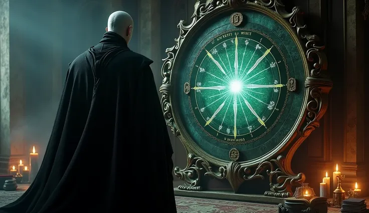  Voldemort in front of a magic mirror displaying an astrological prediction with the words : Unfavorable day for witchcraft .