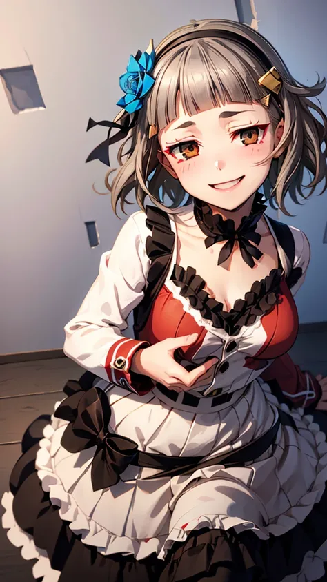 (((solo))), 1 woman, Sakuya Kurobane, sakuyaunif, kurobane_sakuya, (brown eyes), short hair, grey hair, black hairband, blue hair flower, red eyeliner, chest, blush, smile, (upper body), santa claus