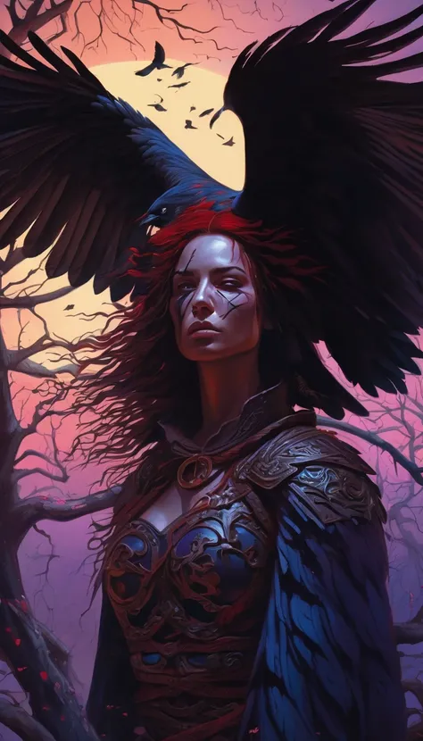 An abstraction of horror in a fantasy world where a woman warriors body is ripped open by a crows, and the crow emerges from the woman warriors gut. The horrifying scene is intensified by the womans terrifying scream of agony. Medium: Dark and surrealistic...