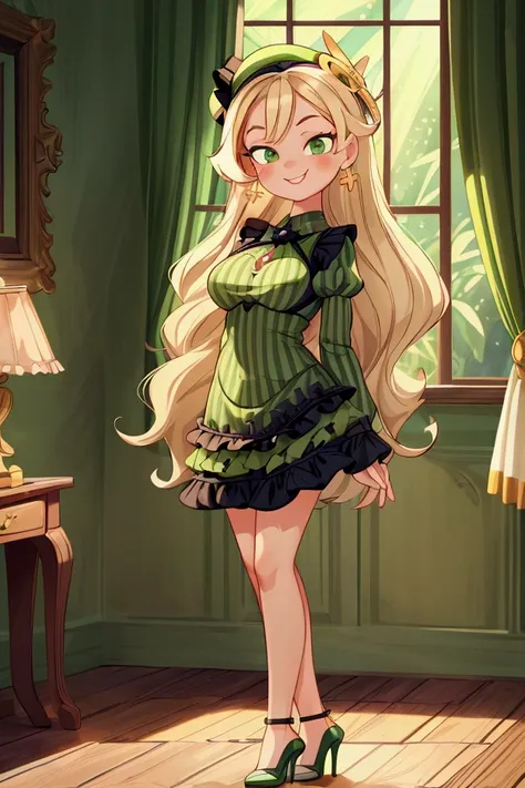 (masterpiece, best quality) 1 girl(Landscape: standing, indoor, intricate detail, sunlight) (Outfit: black and green frilly striped dress, high heels, earrings, beret) (Body: white blonde long hair, green eyes, teen gorgeous body, gorgeous legs, pronounced...