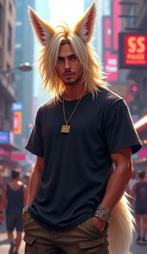 DJ Dmitry Shiron with long blond hair and white tips, like a fox tail , wearing cargo shorts and an oversized t-shirt  