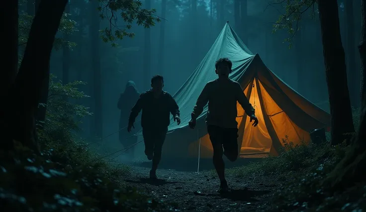 (photorealism:1.2), horror camping tent, in the dark forest, at night, horror version, 2 Thai men running with the crying face, a shadow sit from inside the tent