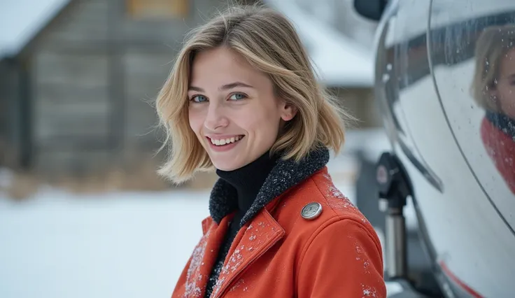 full body shot, a 25 yo Texas woman, beautiful blue eyes, beautiful smile, short blond bob hair, wearing a scorpion space suit, symmetrical features were captured in sharp focus. Textured skin highlighted beauty. Against the backdrop of a beautiful snow fi...