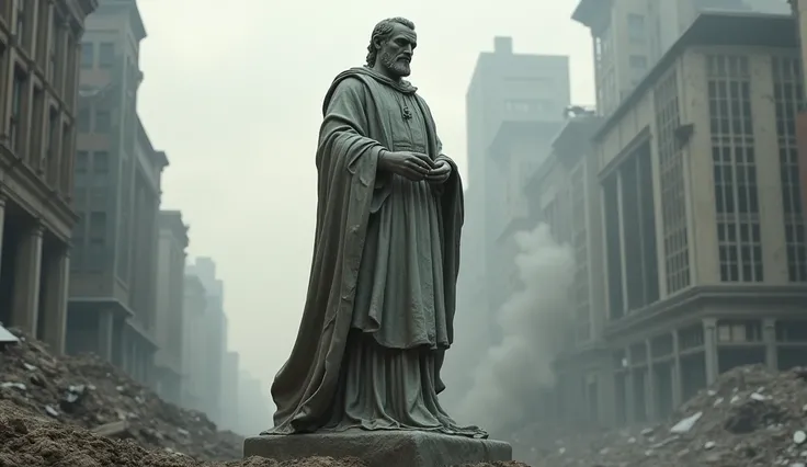  Statue of a stoic philosopher in the midst of a destroyed city , with buildings in ruins and smoke in the air. The statues expression is serene and thoughtful ,  while the surrounding urban chaos represents the challenges of the modern world,  where inner...