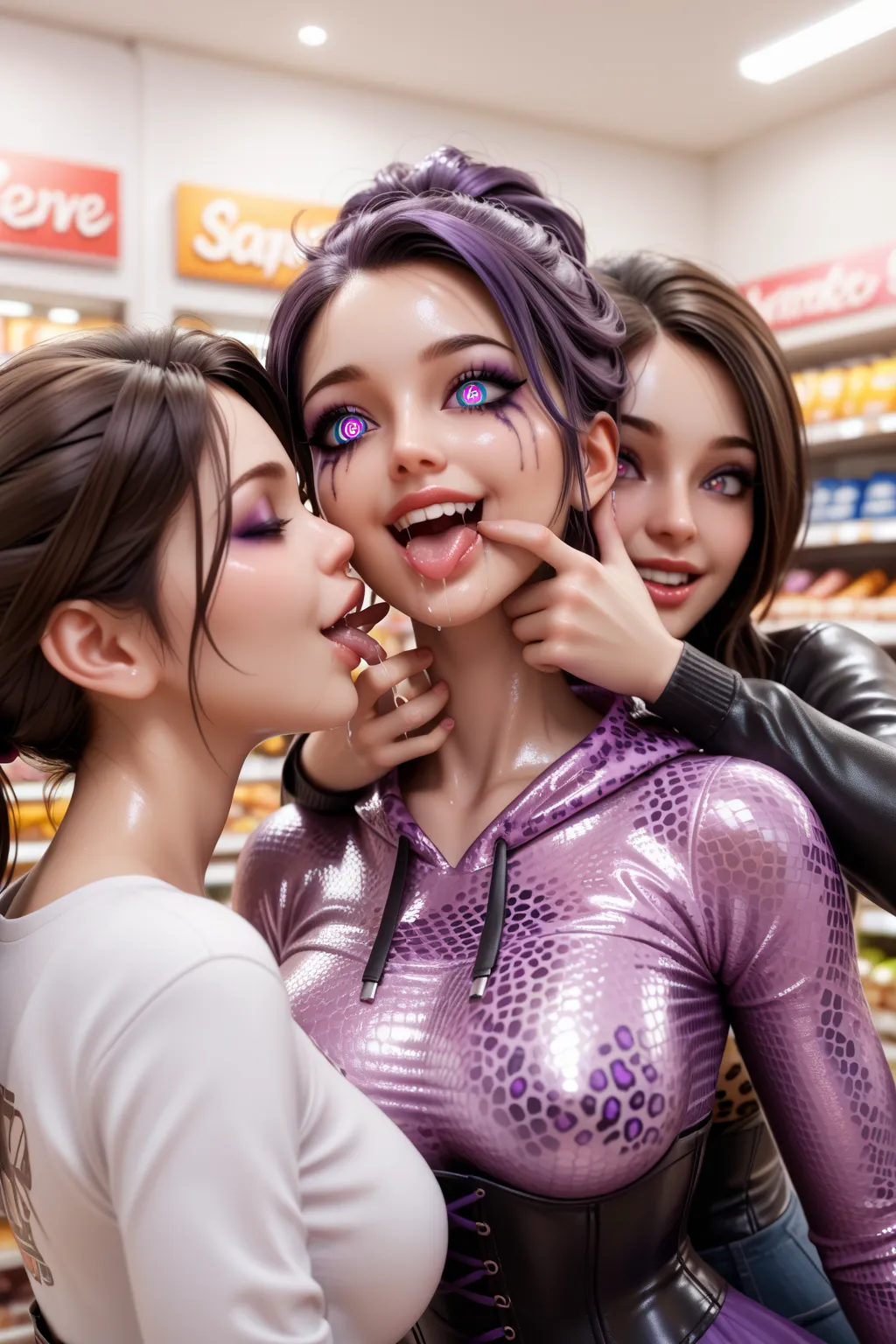 Mother with beehive hairstyle and 3 girls extremely tight shiny metallic purple leopard print sweatshirt, saliva, salivafluss, salivaspur, Lens reflection, Reflected light,  high resolution ,  masterpiece, Strong Makeup,smile, Spiral eyes, Are in the groce...