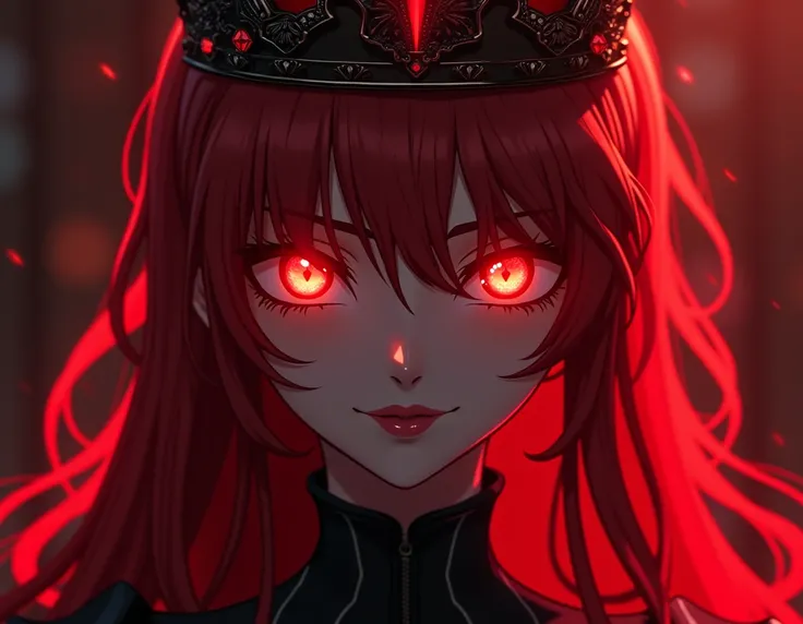 Princesa das trevas com os olhos de sangue, red hair, crown, evil smile, anime style, lens flare, high detail, first-person view, cinematic lighting, masterpiece, super detail, best quality, 8k, UHD