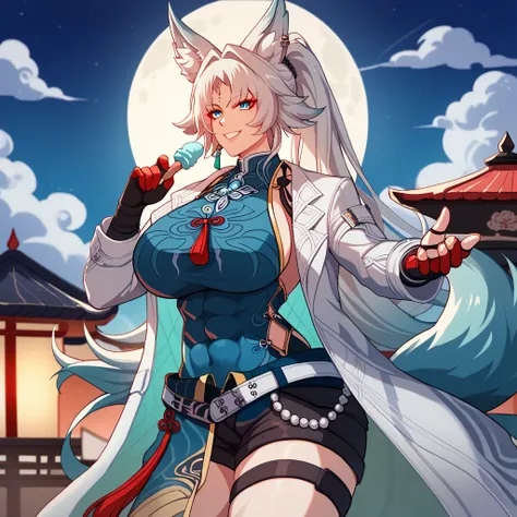 Large biceps, ((huge natural breasts)), (FeixiaoDefault, animal ears, long hair, ponytail, gradient hair, white hair, blue eyes, forehead jewel, ear piercing, tassel hair ornament, tassel earring, blue shirt, chinese clothes, brooch, red tassel, white coat...