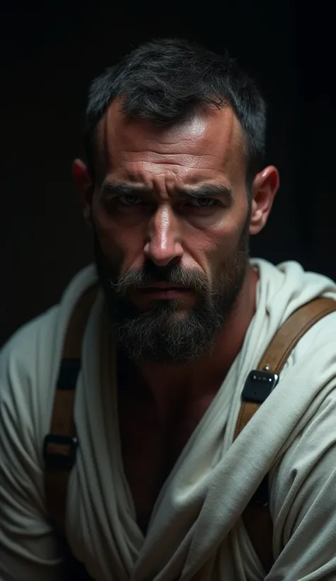 (photorealism:1.2), an arab man , handsome, strong body,  short hair, 40 years old,  sad facial expression,  had tears streaming from his eyes, wear a steel war harness, the white robes of war ala the 7th century ,  set dark background,  image in cinematic...