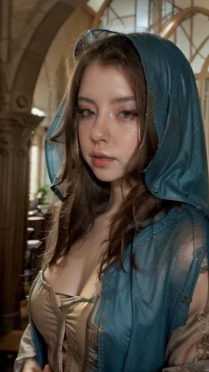 Beautiful Virgin Mary looking at the camera、Has moist eyes, （whole body：1.2）, Wearing a reddish-beige tunic with a blue cloak and veil , Daytime, indoor, Halo