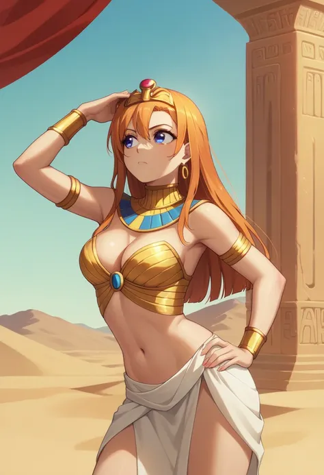 Masterpiece,kousaka honoka, blue eyes, orange hair,beautiful , looking away,arrogant,(one hand on hip one hand on hair),thighs, ,navel,midriff,cleavage,(golden exposing Egyptian dress), tiara,in Egyptian desert,1980s (style),Esthetic 80s style