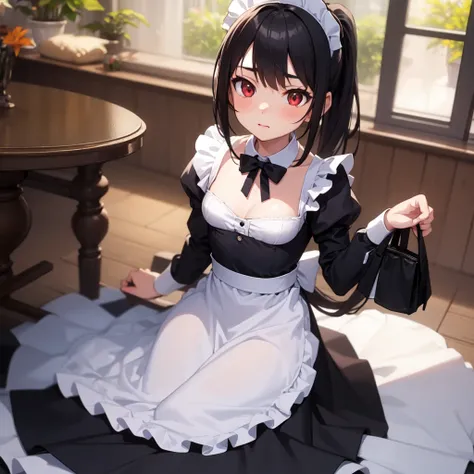 Child, red eyes ,maid costume,ponytail, black hair ,hold,white bear