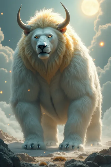  Create an image of a white bear , lion , bull 16x9  