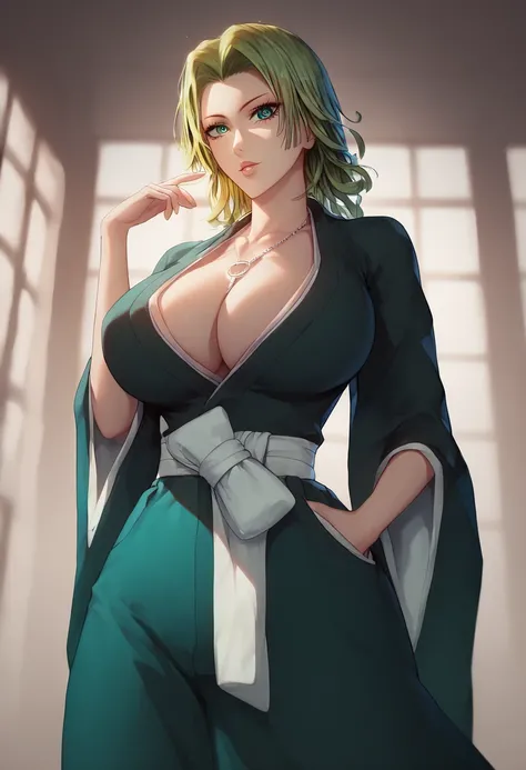 (score_9, score_8_up, score_7_up) 1girl, fubuki (one-punch man), short hair, tight green dress, long sleeves, collared dress, green eyes, perfect large breasts, view from below, sexy pose, dynamic angle Break, perfect lighting, shadows, bedroom, (beautiful...