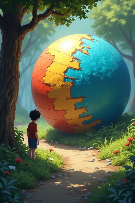 Step 2 :  Mysterious Ball
Image  :
 Momo approaches the large, colorful ball that has been abandoned next to the tree.  The ball appears to come out of nowhere, as if it were part of a riddle .

Narrative  :
 Momo walks curiously towards the ball 