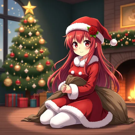 A cozy modern anime styled Christmas scene featuring a girl with red flowing long hair adorned by a red rose with a cowlick and dark red eyes dressed as Santa Claus sitting on the floor by a fireplace. The person is wearing a red Santa hat, a red dress wit...