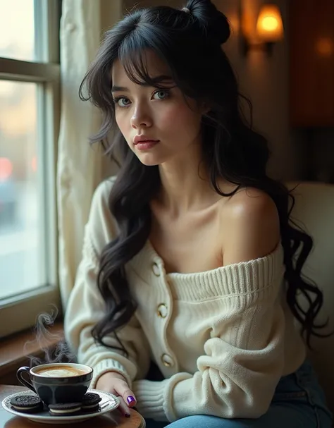 A photo of a 20s Caucasian woman, extra long black white hair in a ponytail, piercing clear blue eyes, barby face, Grecian nose, sitting serenely by a window. She has long black hair that cascades in soft lush waves over her bare shoulders.
She is wearing ...