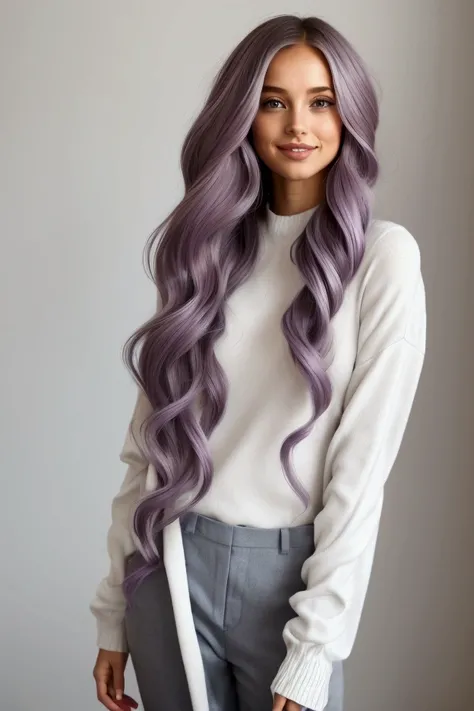 Create a modern young female avatar with gentle purple and white color scheme. She has a warm, inviting smile and bright, attentive eyes. Her hair is flowing and dynamic, incorporating subtle gradient transitions from white to soft purple. Her appearance s...