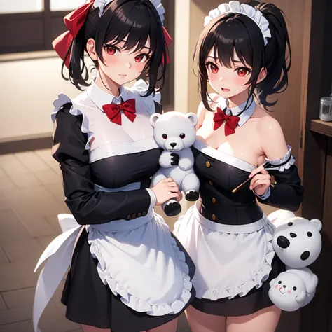 Single ,Cute  , red eyes , Red Bow ,lace,Sexy Maid Costume,high ponytail, black hair ,Holding a cute white polar bear,baby