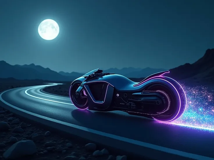 (Includes an image of a futuristic electric motorcycle shining with LED lights on an open road.)