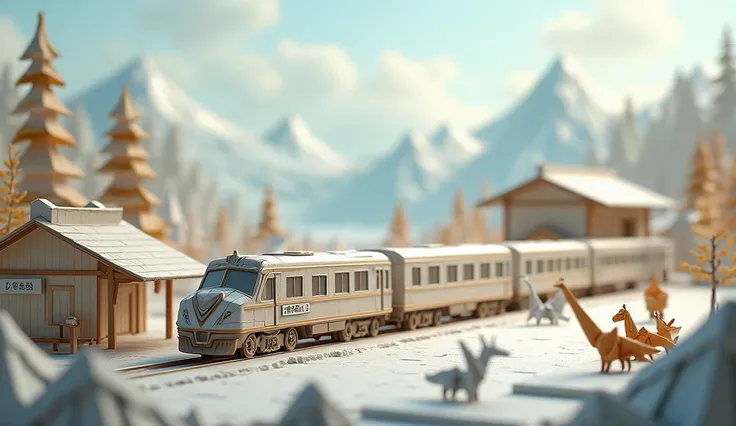  create a side image of a train made in origami ,  at a station cast in origami , with many wagons ,  in the background a landscape made in origami with mountains and animals in origami,  we have the image of an origami artist .