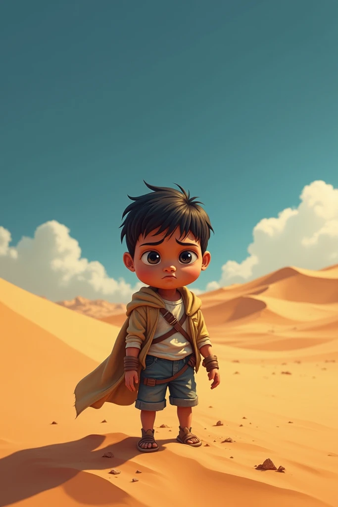 Boy lost in the desert and with a worried face