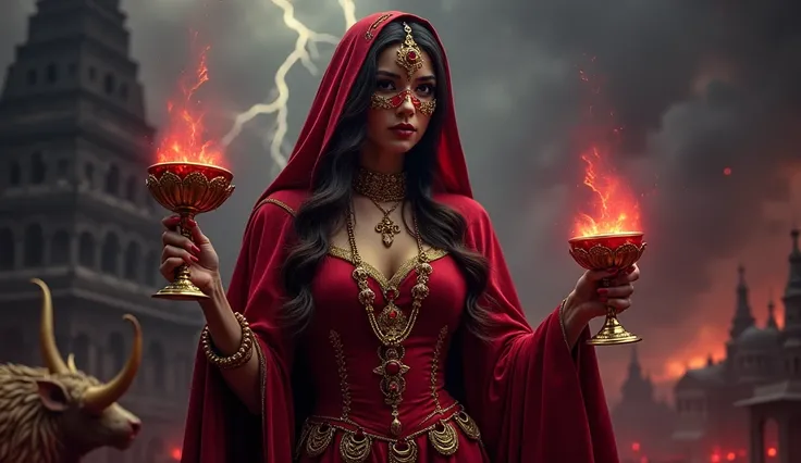 "A mysterious female figure, dressed in luxurious red and gold attire, adorned with extravagant jewelry. She holds a golden chalice overflowing with red liquid. Her face is partially covered by a veil or mask, enhancing the mystery. In the background, a da...