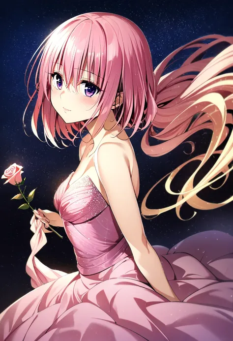 1girl,Momo Belia Deviluke, pink short hair flowing, purple eyes sparkling, elegant evening gown, studio set of starry night sky, dramatic side lighting, holding a rose, professional studio lighting, masterpiece, best quality, absurdres