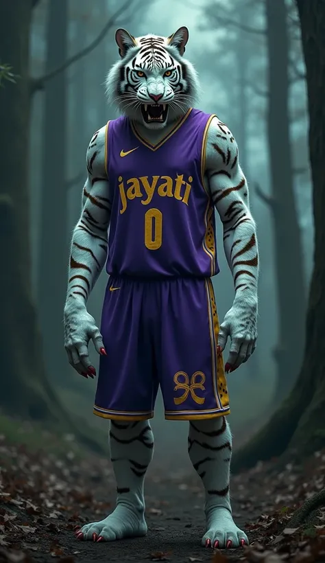 cinematic portrait of a half human half white tiger demon wearing a purple jersey with the text "JAYATI" in big gold letters, standing with an angry expression, in the middle of a dark forest full of the dark aroma of death