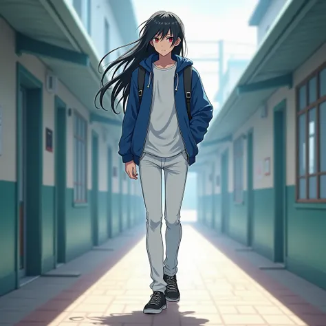  19-year-old boy ,  white t-shirt,blue sweatshirt ,white jeans ,  black sneakers  , Anime style, Black hair ,  high definition ,  long hair,  Red eyes, japanese school