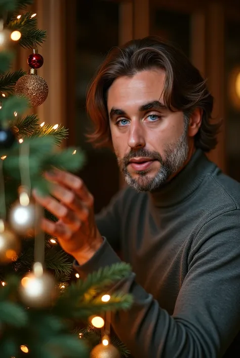 I took a picture of my 38-year-old son, he is a man with medium long brown hair, blue eyes, a semi-gruemide build of 1,84 is decorated the Christmas tree with an elegant room  